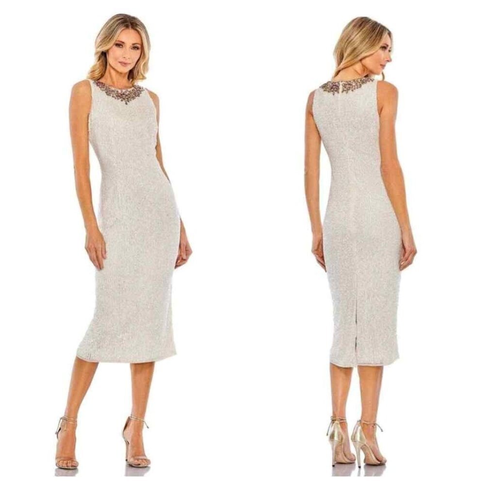 Mac Duggal 93607 Full Sequins Midi Sheath Dress Jeweled Collar Tea Length Size 2